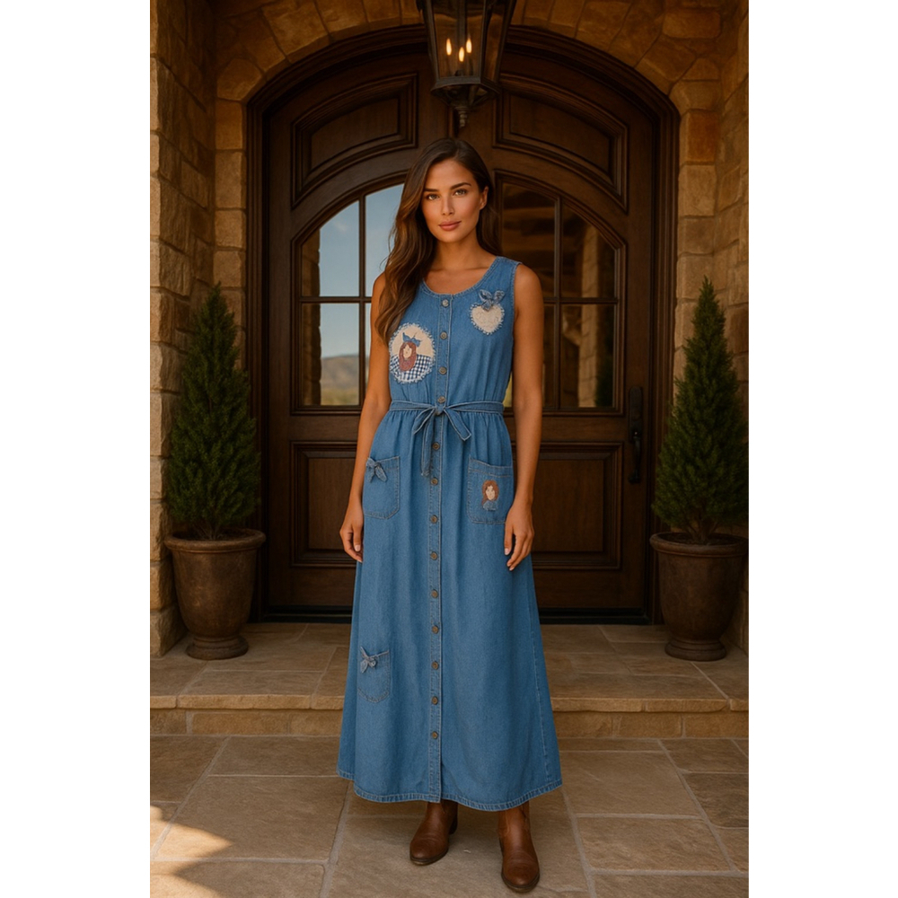 Vintage Denim Jumper Maxi Dress Country Patchwork Appliqué M/L Americana Prairie